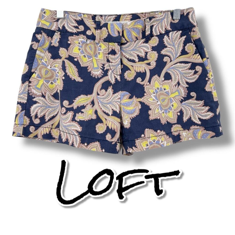 Ann Taylor Loft Navy Blue Paisley Shorts Linen Blend Floral Womens Size 0